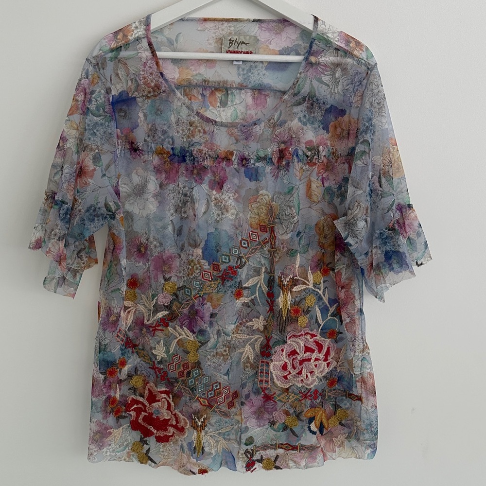 Johnny Was Sheer Multicolor Floral Embroidered Blouse